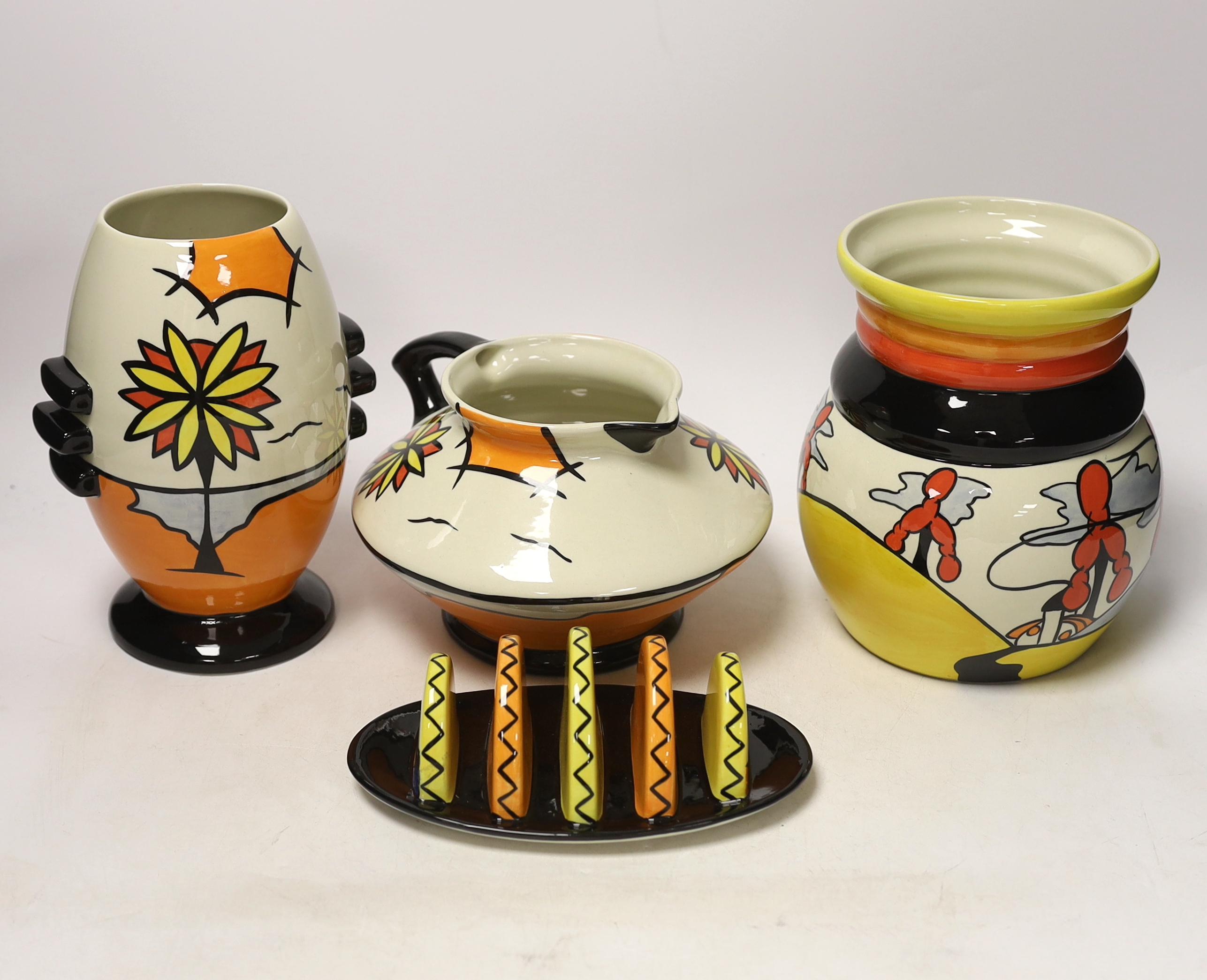 Four Lorna Bailey 'Old Ellgreave’ pottery items including toast rack and two vases, tallest 19.5cm